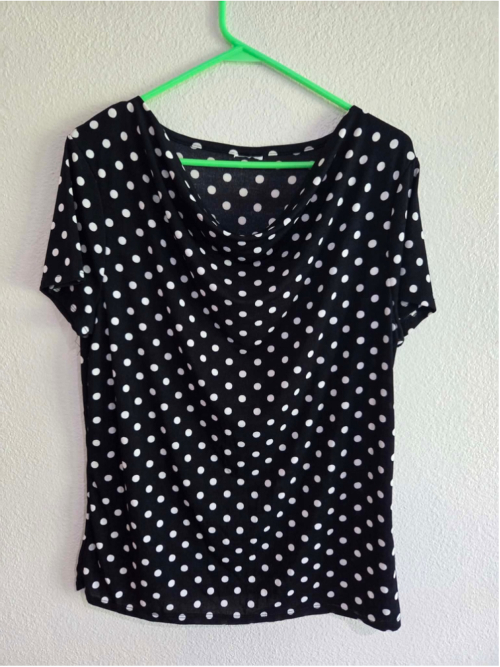Black White Polka Dot Cowl Neck Top 2XL Y2K Short Sleeve Stretch